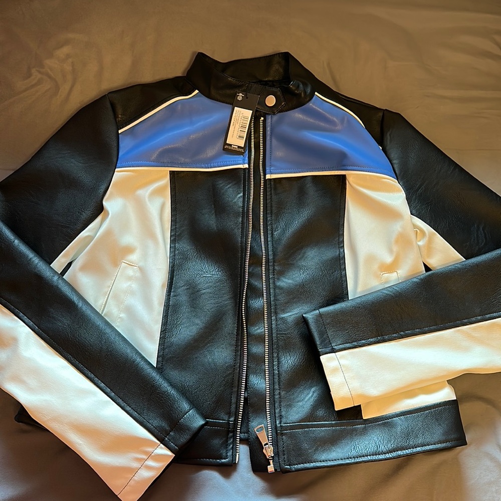 Blue Faux Leather Contrast Panel Motor Jacket